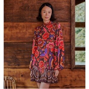 Farm Rio Brown Bright Flora Long Sleeve Mini Dress